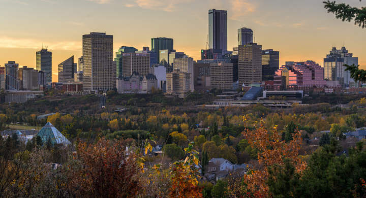 A mesmerizing view of a beautiful Edmonton Skyline at colorful sunset, Alberta, Canada