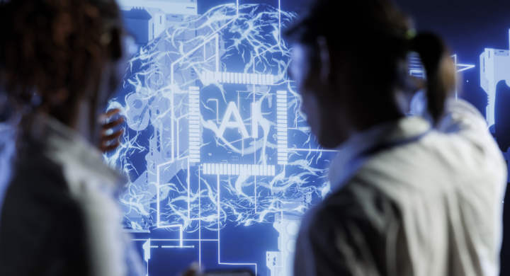 Tech support brainstorms ways to use AI cognitive computing to extract usable information from complex data. Server farm employees implement artificial intelligence to process inference datasets
