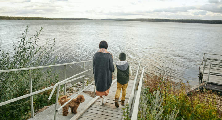 Rear view of mother walking along the bridge to the lake together with her son and dog