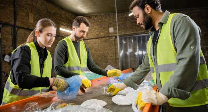 Multiethnic workers in protective vests and gloves taking trash from conveyor while working together in waste disposal station at background, garbage sorting and recycling concept