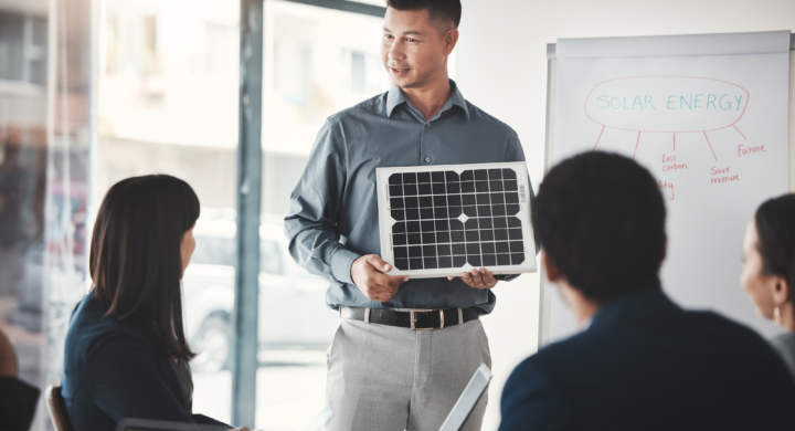 solar-panels-sustainability-and-man-expert-in-presentation-pitch-and-conference-about-renewable-e