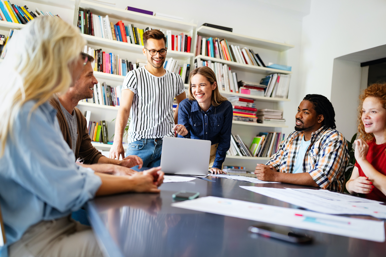 Successful company with happy employees colleagues in modern office