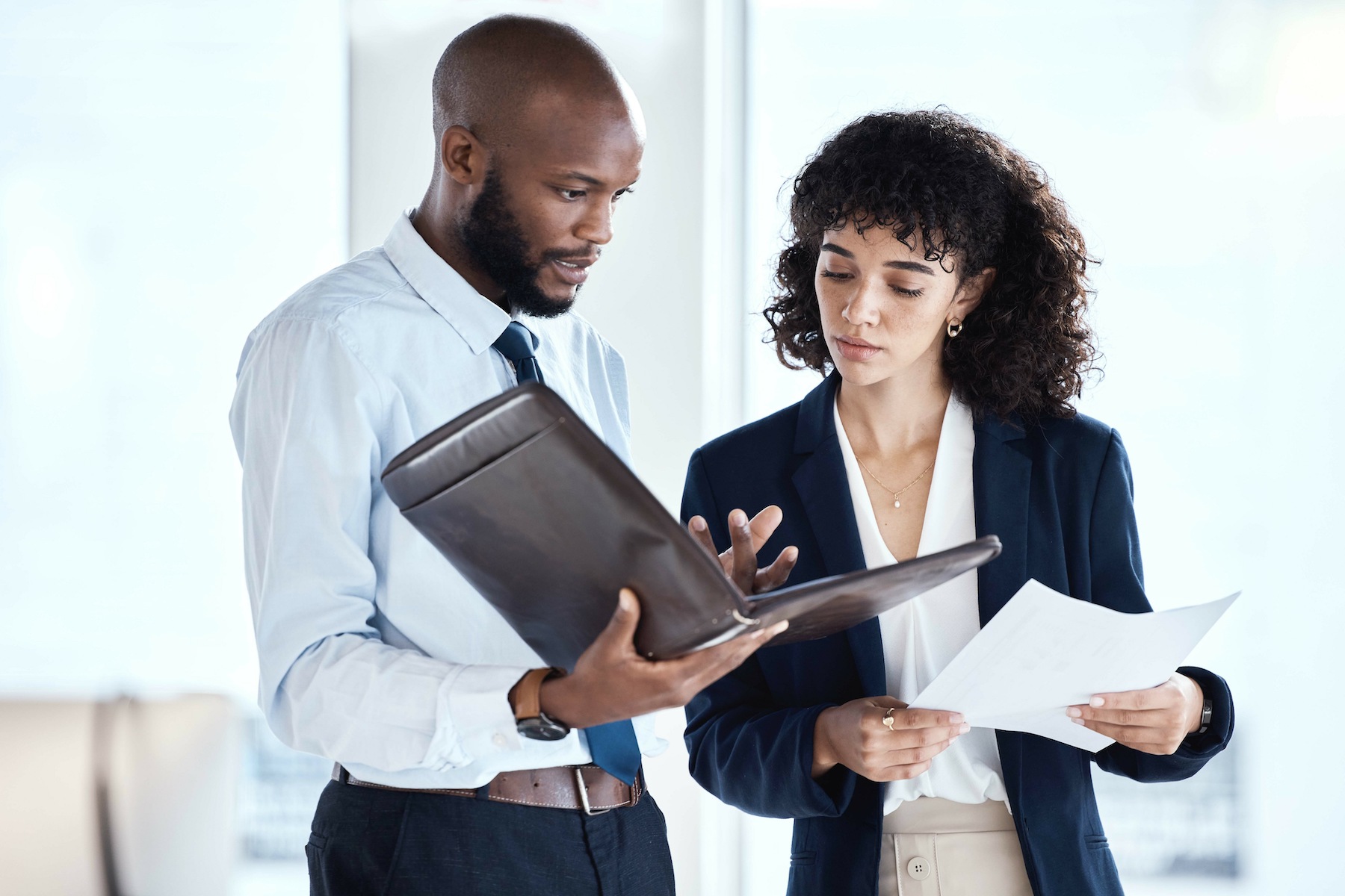 Finance portfolio, team collaboration or business people review documents, stock market feedback or.