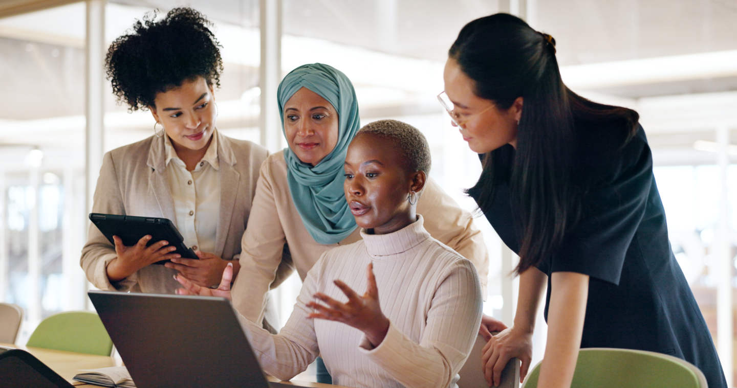 Diversity, corporate and women with laptop, talking and planning budget, fintech and system update .