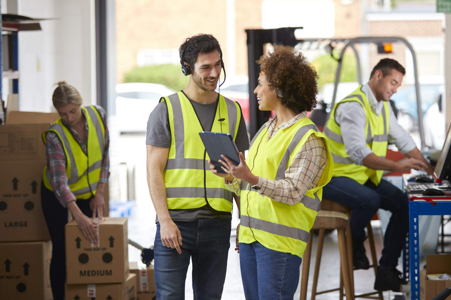 Male And Female Workers Wearing Headsets In Logistics Distribution Warehouse Using Digital Tablet