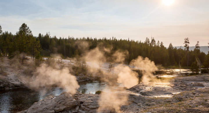 Inspiring natural background. Pools and geysers fields in Yellowstone National Park, USA.
