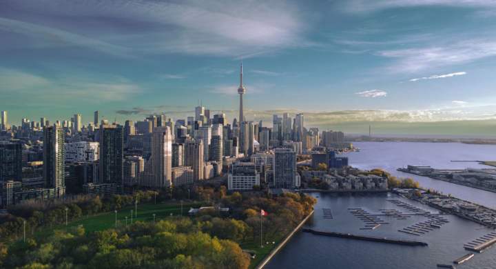An aerial of Toronto city skyline, Ontario, Canada.