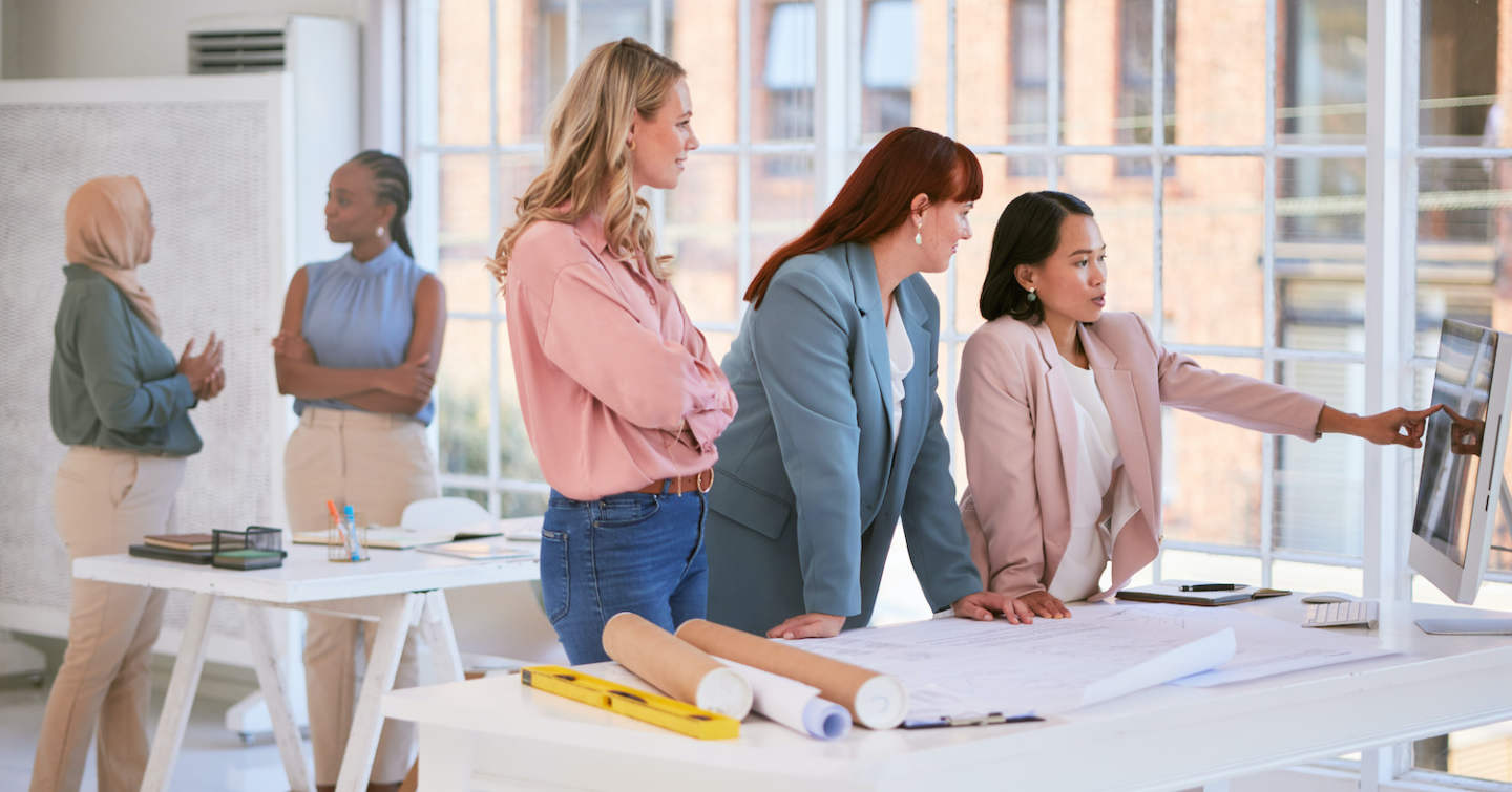 Interior design, architecture teamwork and women, computer and meeting, planning and creative ideas.