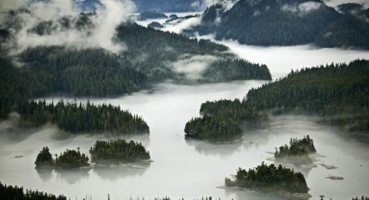 An aerial view of the islands of the Broughton Archipelago, and the mountain region.