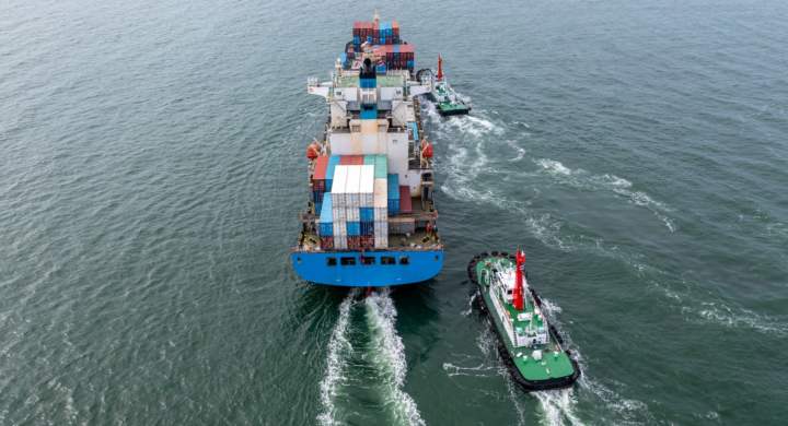 Container cargo ship arrive commercial deep seaport, Global business import export commerce trade logistic and transportation International container cargo ship boat in open sea, Freight shipping maritime.