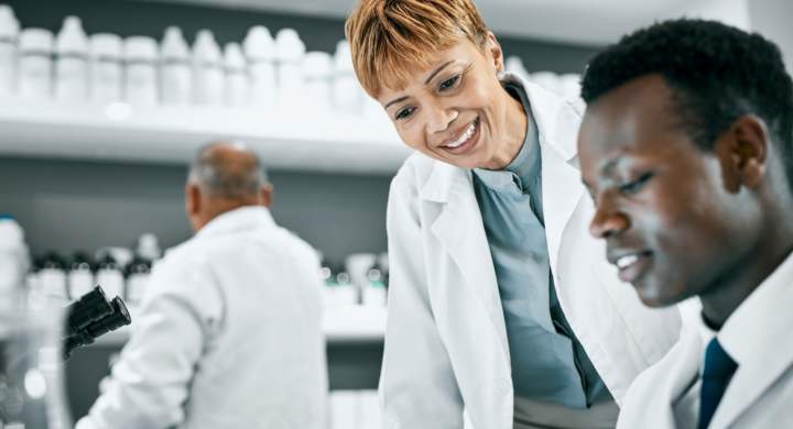 Doctor or scientists in science laboratory for DNA research, medical and medicine data.