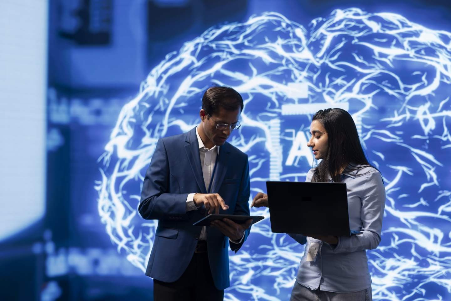 Software engineers use neural networks modeled after human brain to solve complex problems. IT experts in high tech workspace using artificial intelligence to look at data