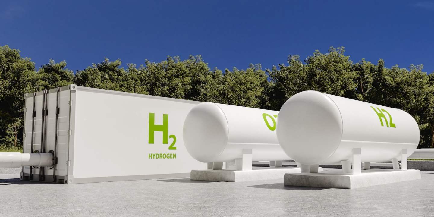 Hydrogen storage facility. Clean energy. 3D render.