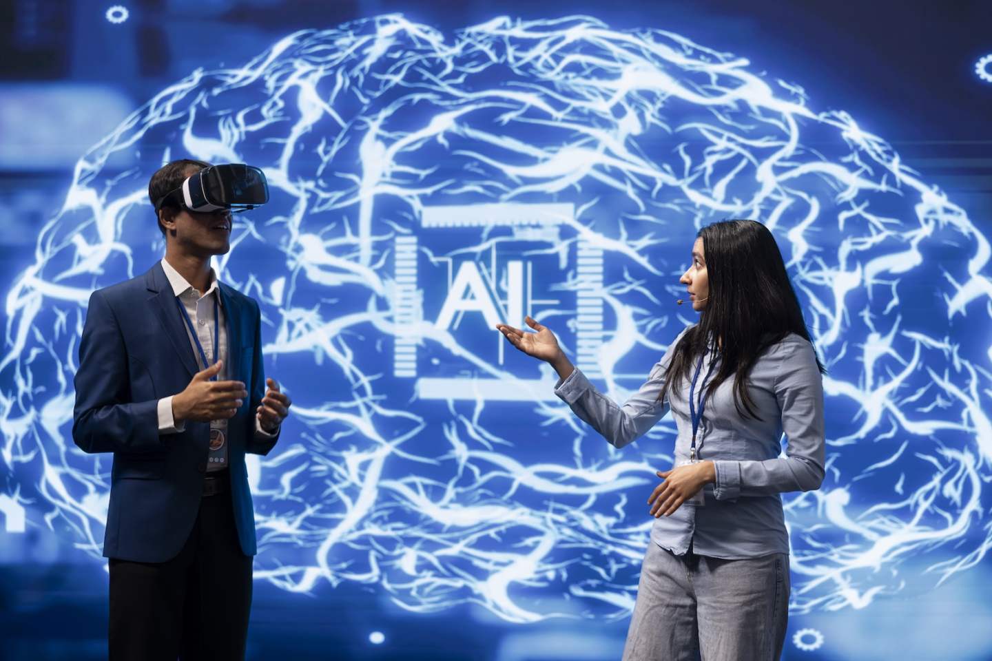 IT specialist coding in modern lab using VR tech, programming artificial intelligence computing simulating human brain. Programmer using virtual reality gear to build AI machine learning algorithms