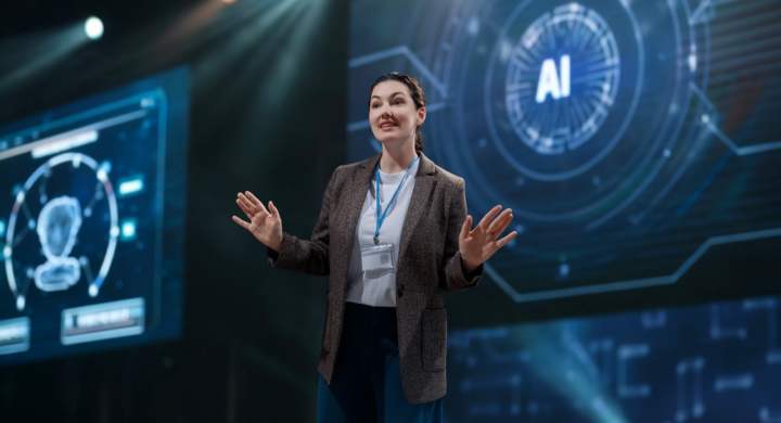 A woman is speaking on stage about the future of AI technologies.