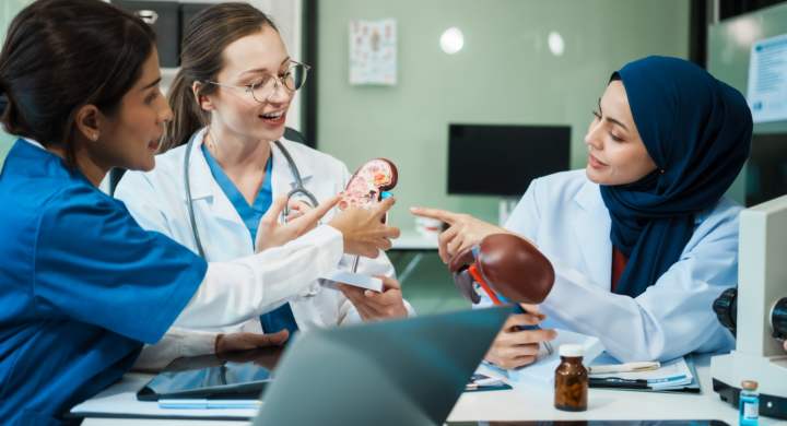 A diverse group of healthcare professionals, including doctors, nurses, and specialists