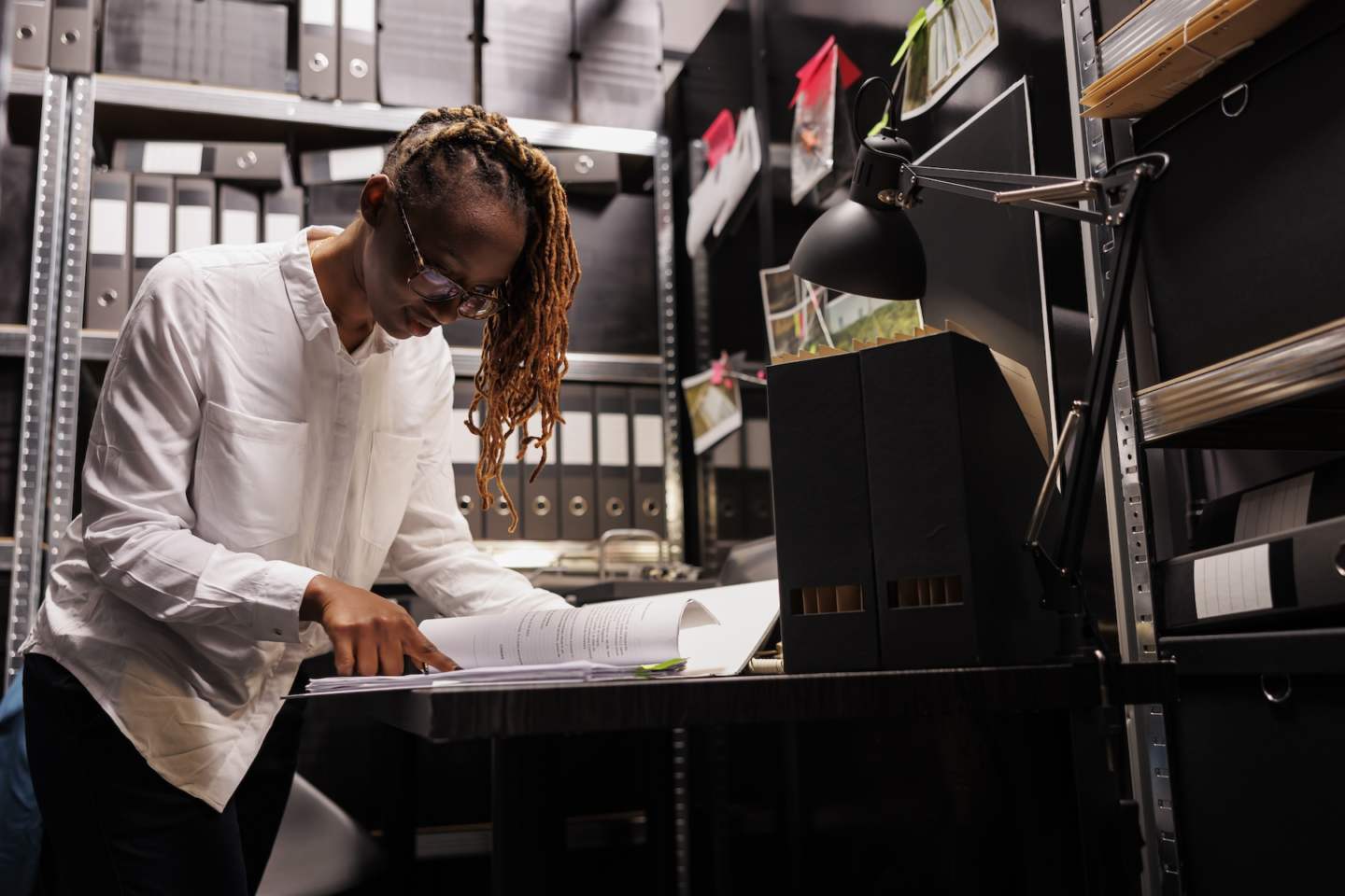 Woman detective reading crime case file, analyzing witness testimony and searching insight. African american cop studying criminologist conclusion in investigator office room