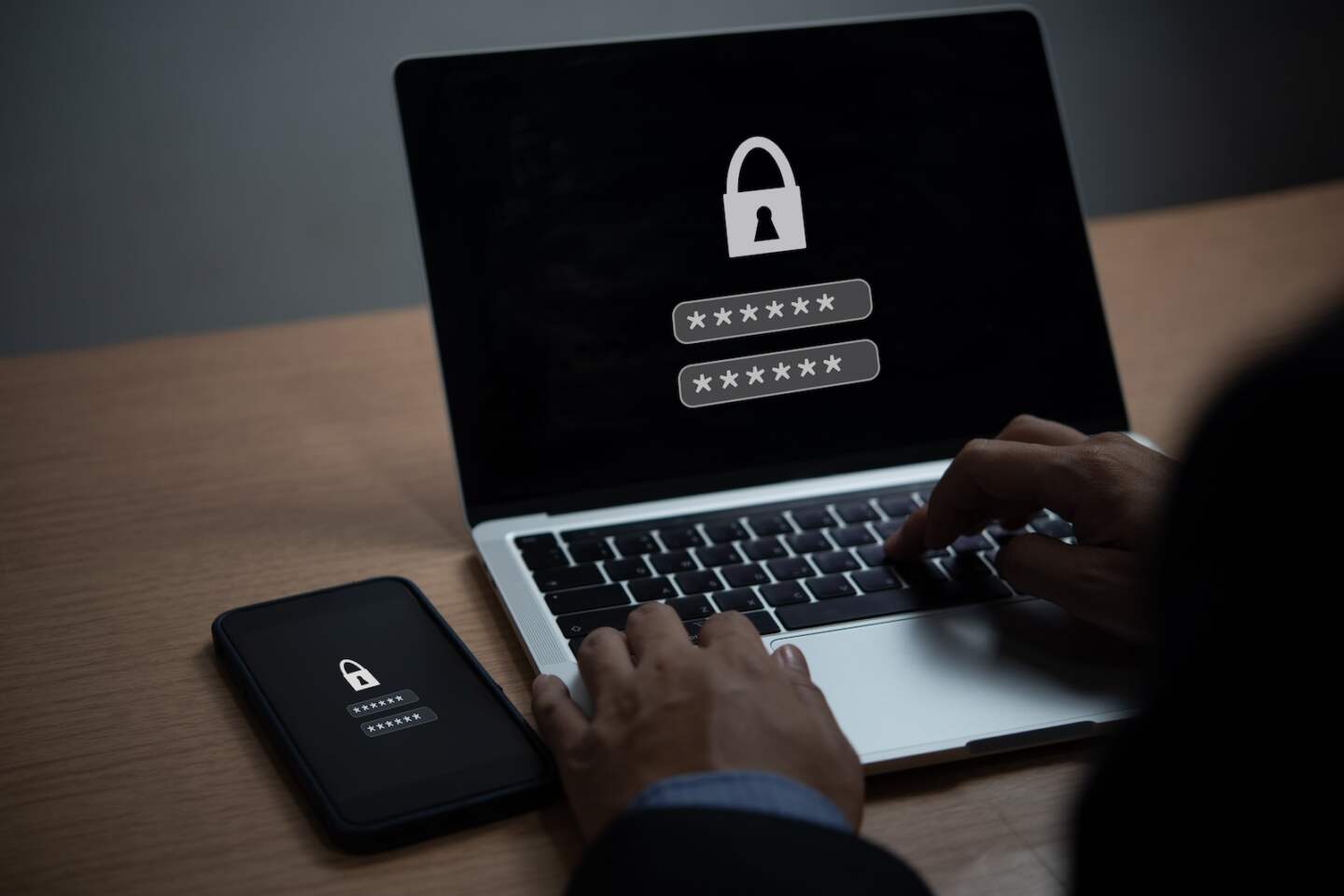 Laptop and Mobile Phone with Encryption, Key Lock, and Password. Digital Security Protection Privacy Information Online protect data, devices, and networks communication