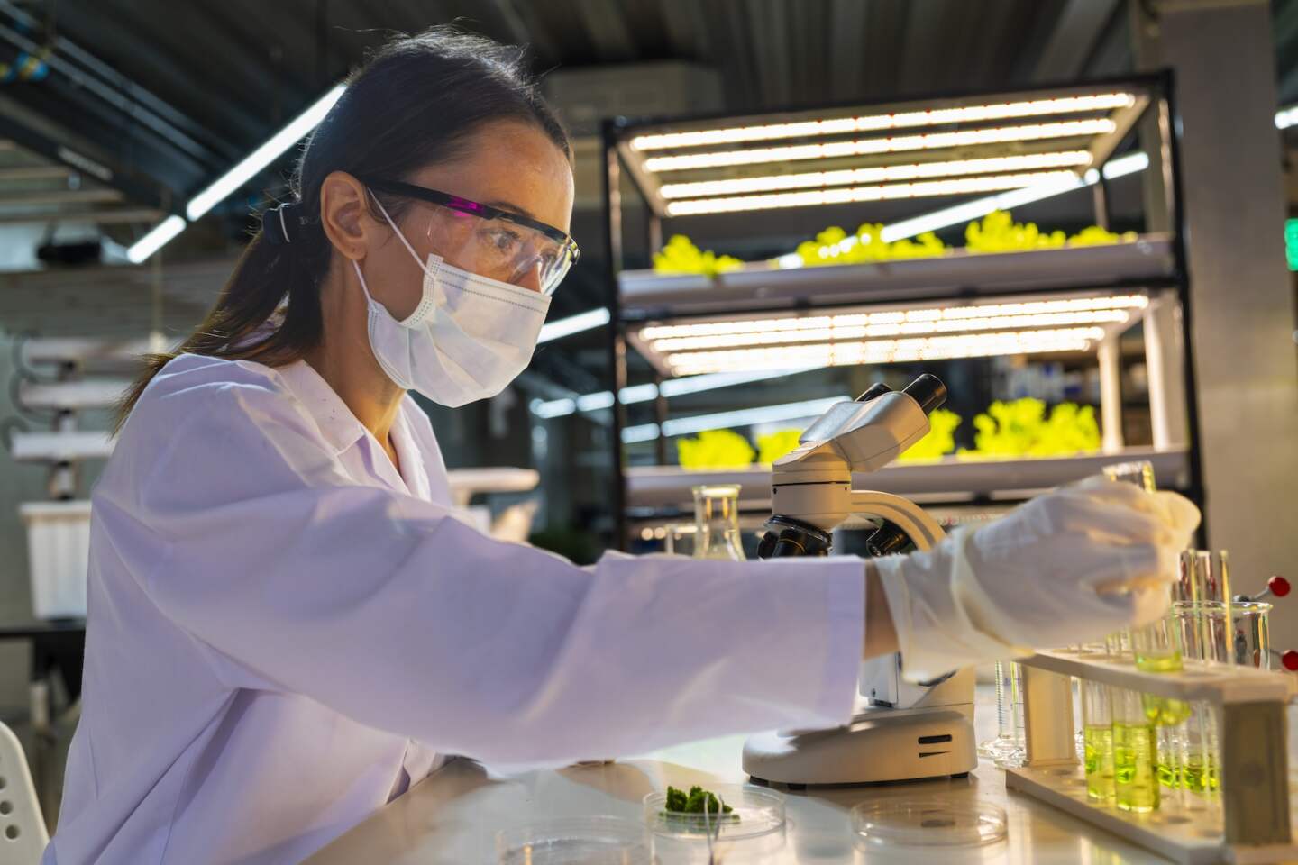 A scientist wearing a mask and gloves works in a lab, examining a green liquid in a beaker and using a microscope. The lab setup is well-lit, reflecting a focus on research, science, and experimentati