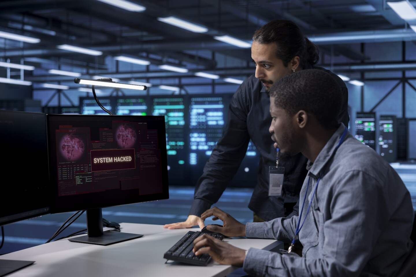 Computer scientists in server hub workspace frightened by hacker passing firewall and stealing data. Security breach notification on monitor in data center surprising IT specialists