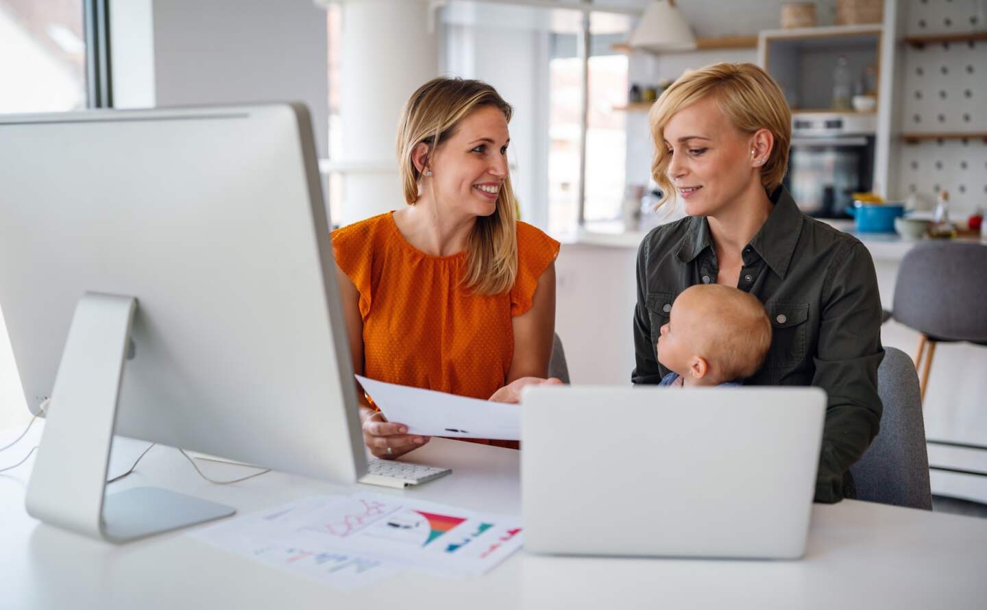Women working from home with kid. Business, remote work, family concept.