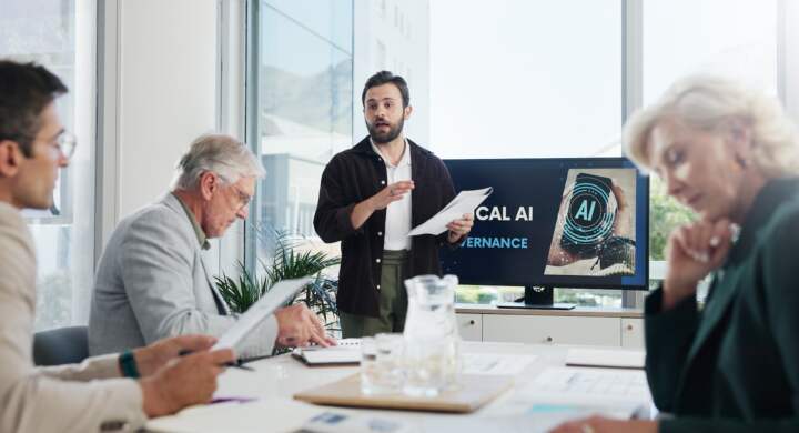Presentation, paperwork and businessman in office with team for AI governance system. Discussion, p.