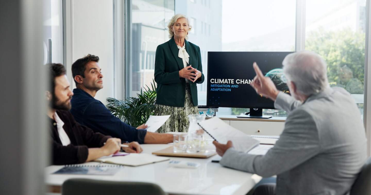Climate change, meeting and question with business people in office boardroom for going green initi.