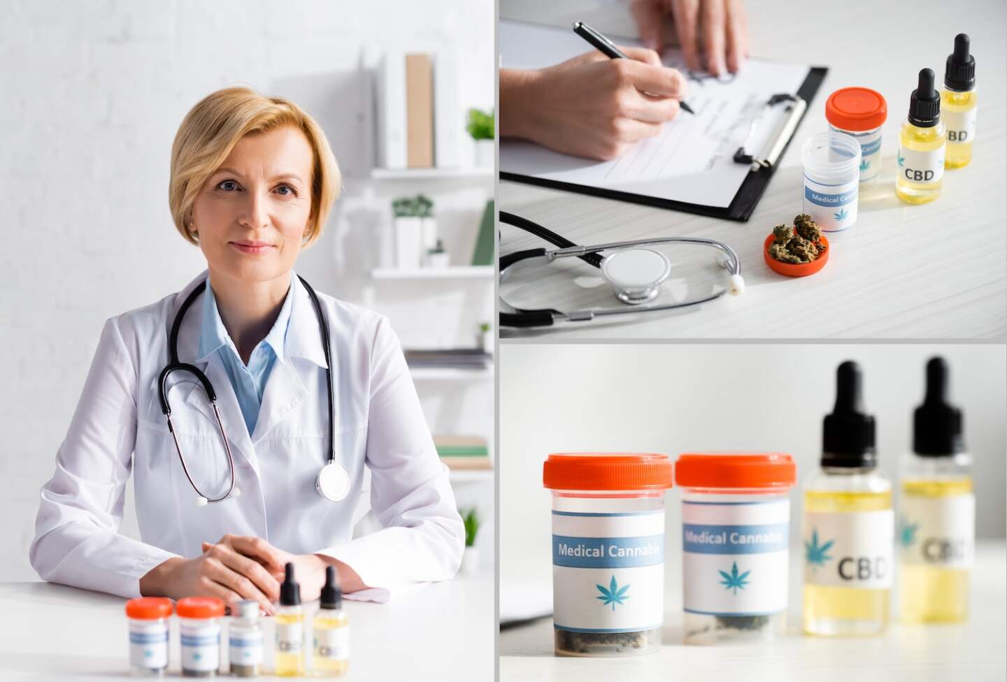collage of doctor in white coat writing prescription near stethoscope, bottles with lettering and