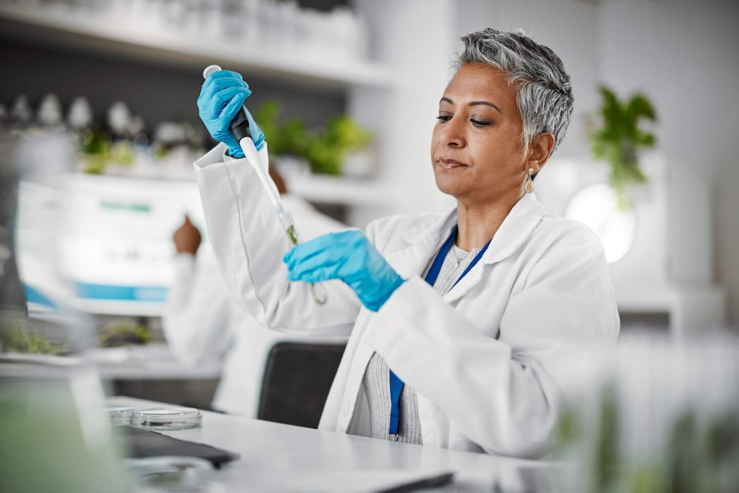 Plants, test tube and science woman with research, exam and solution for leaves in laboratory, eco .