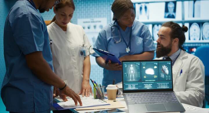 Professional medical team examine hospital records and treatment outcomes in a clinic to ensure quality insurance services. Physician specialist analyzing test results for expert solutions. Camera B.