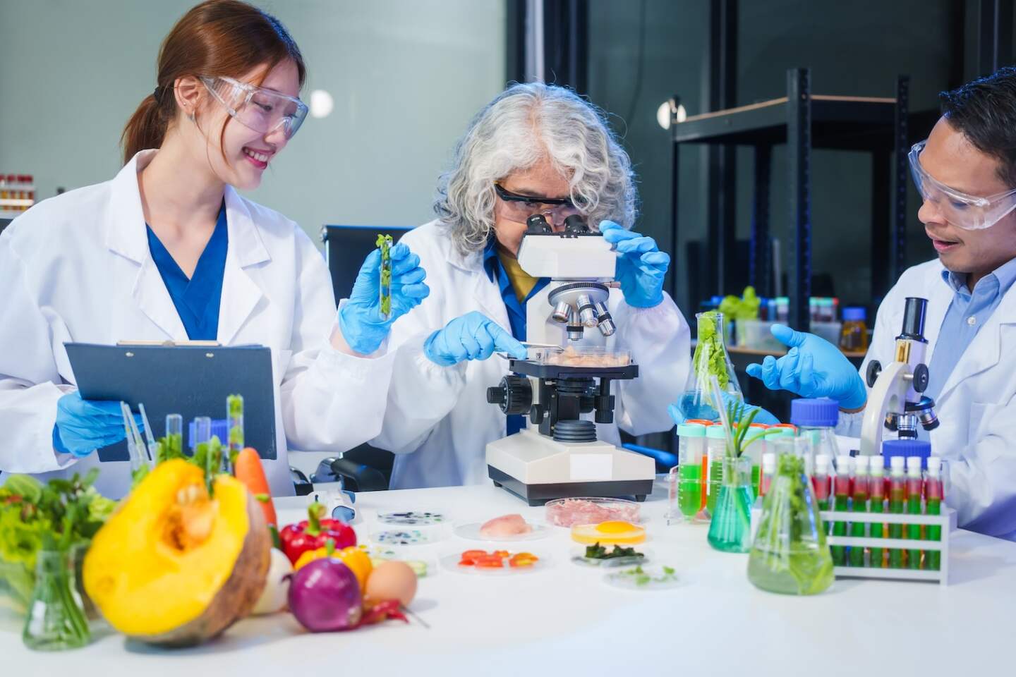 A male scientist and two women conduct plant research in a laboratory.  microscopes, petri dishes