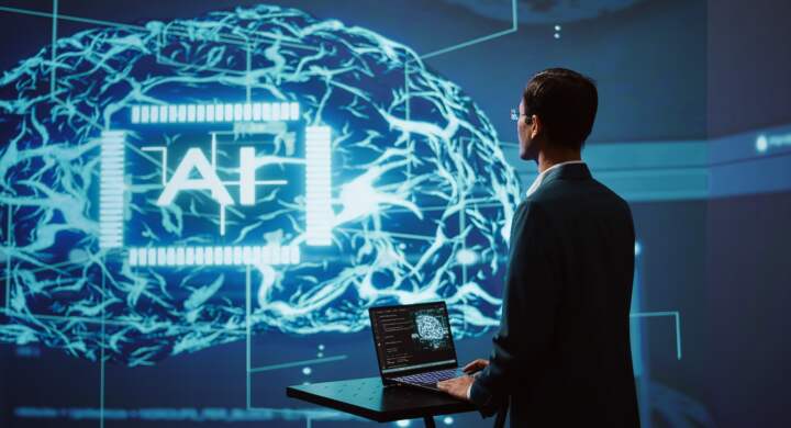 AI system administrator using laptop device in high tech futuristic workspace. Man working on notebook to automatize tasks using artificial intelligence technology, camera B