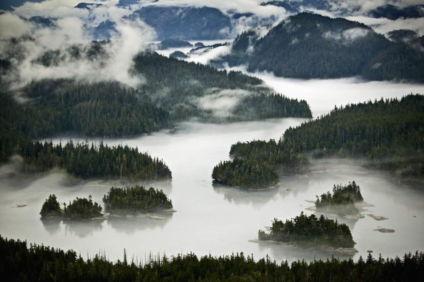 An aerial view of the islands of the Broughton Archipelago, and the mountain region.