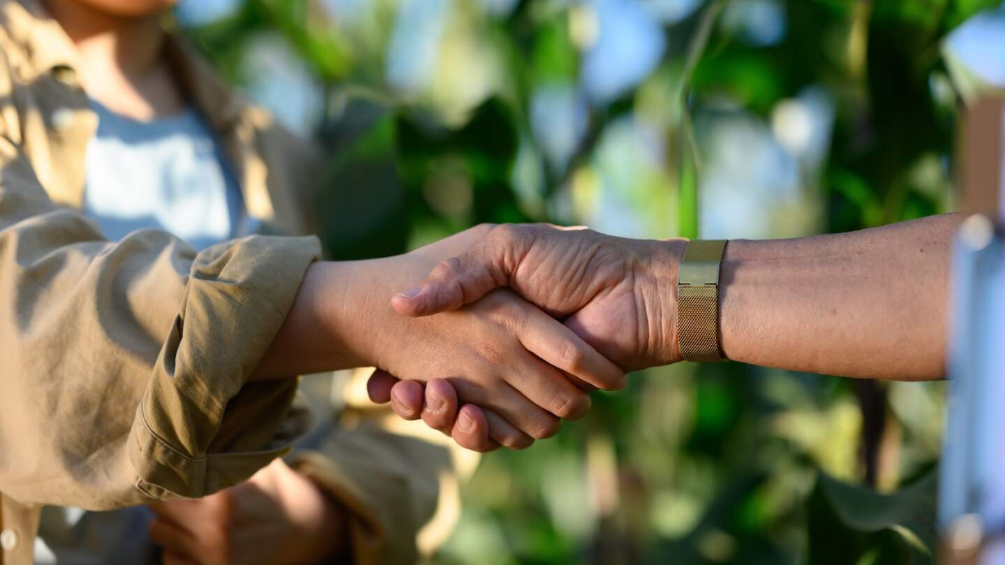 Cropped shot of two unrecognizable farmers shaking hands at the cornfield. Agreement and contract in agriculture.