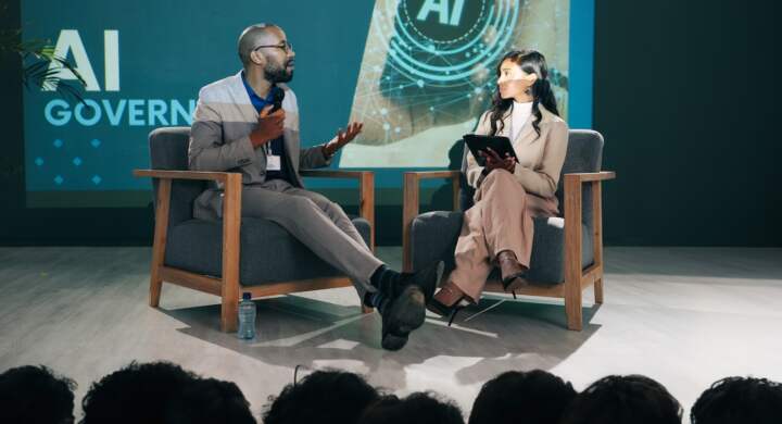 Event, presentation and people with mic at stage for innovation, speech or future development. IT, .