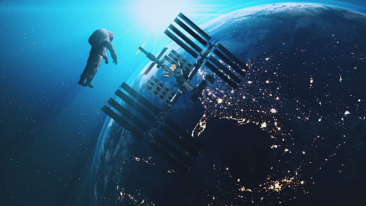 ISS astronaut in outer cosmos Earth background. International Space Station modul fly to spaceman against realistic planet. Sun Shine. 3d render animation. Elements of this media furnished by NASA