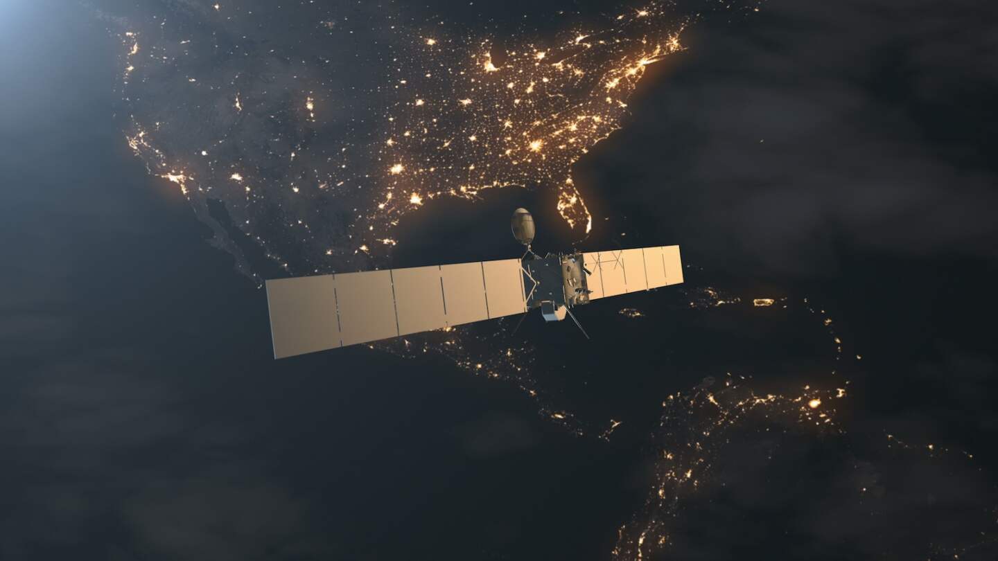 Modern space satellite probe with solar panels over Earth Northern America mainland. 3d render animation. Science and technology concept. Elements of this media furnished by NASA