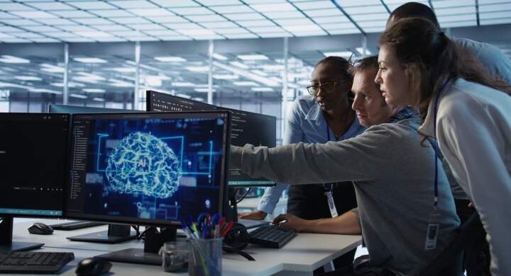 Engineer calling colleagues after finding error in code while doing checkup on server room used for AI workloads. Man requesting help from coworkers after finding bug in data center systems, camera B