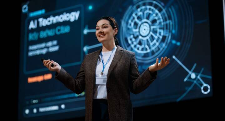 A woman is speaking on stage about the future of AI technologies.