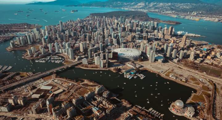 An aerial view of Vancouver city in British Columbia, Canada