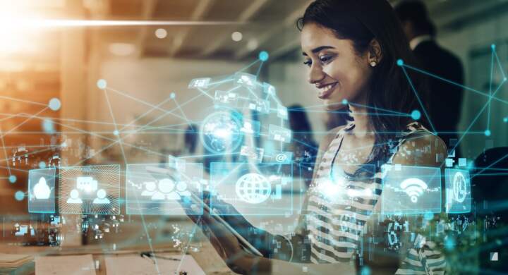 Internet, networking and digital transformation with woman and tablet for global communication, web.